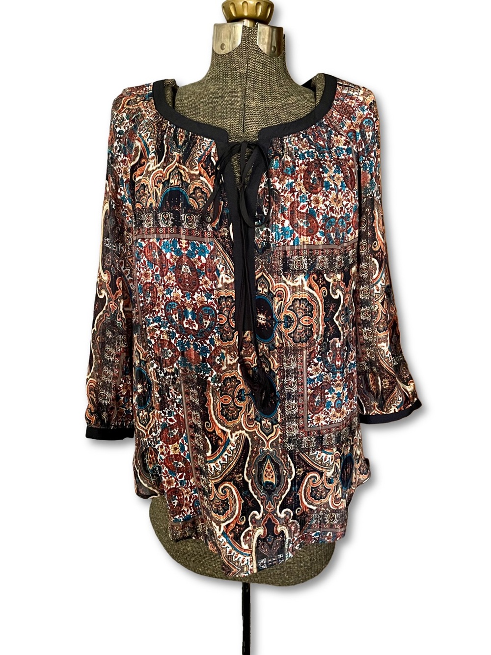 Anthropologie Meadow Rue Brown Boho Paisley Peasant Blouse Chiffon 3/4 Sleeve
